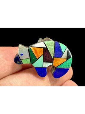 Navajo Ring Multi Gemstone Carved Bear Sterling Silver Ring Artist Signed DB
